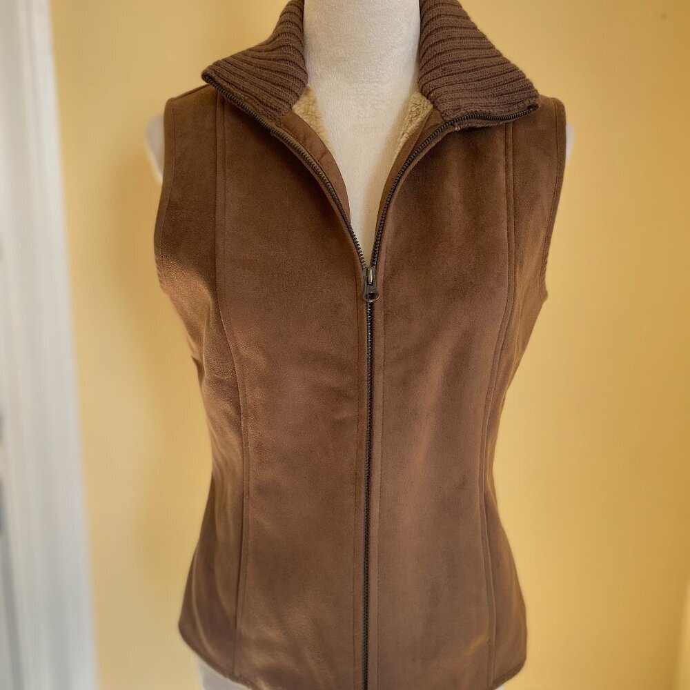 ANN TAYLOR Vest Brown Faux Suede Fur Lined Wool Collar S
